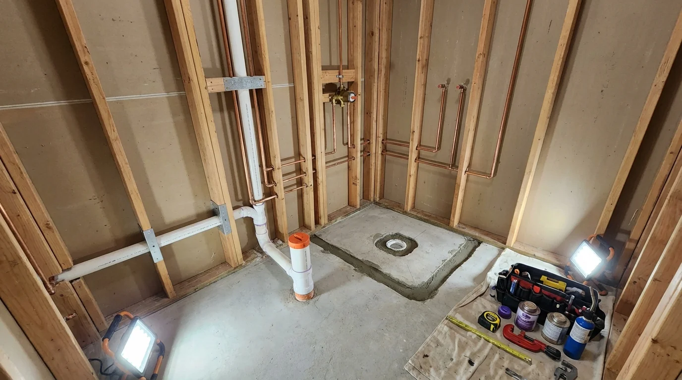 Bathroom rough-in plumbing during remodel by Johns Plumbing LLC in Windsor Heights