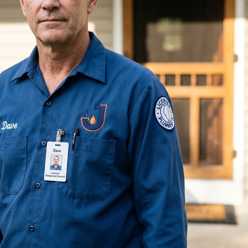 Licensed plumber showing ID badge in Windsor Heights, IA