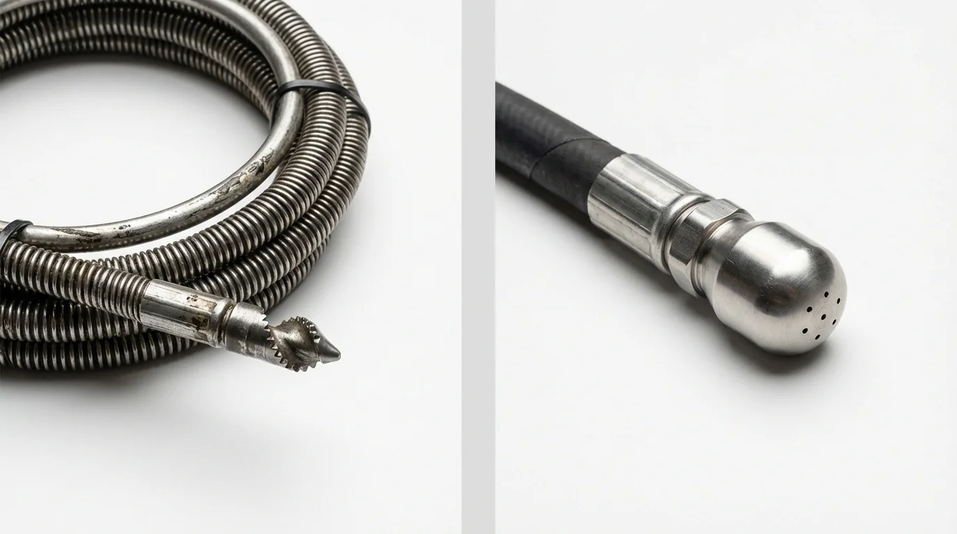 Drain snake cable and hydro jetting nozzle used for drain cleaning in Windsor Heights, IA
