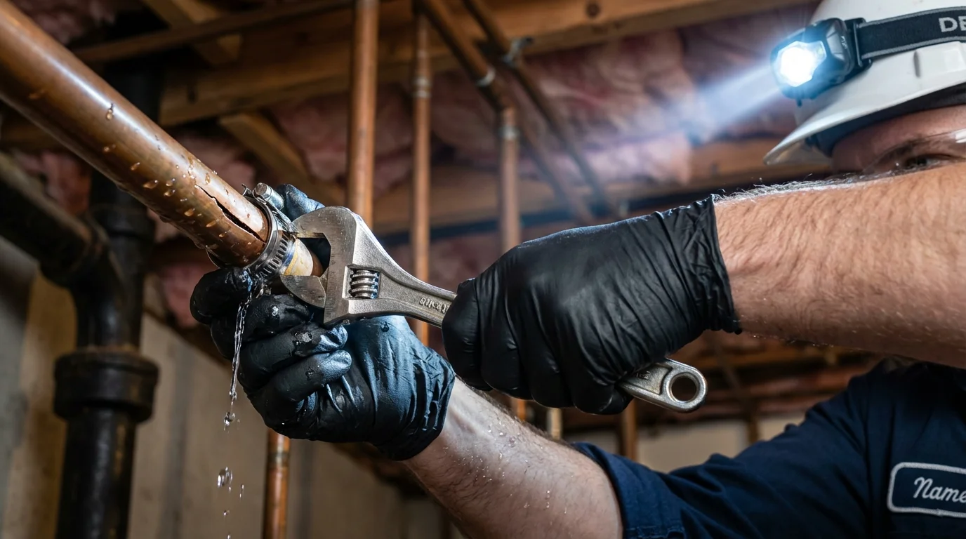 Emergency pipe clamp repair being performed by a Johns Plumbing LLC plumber in Windsor Heights