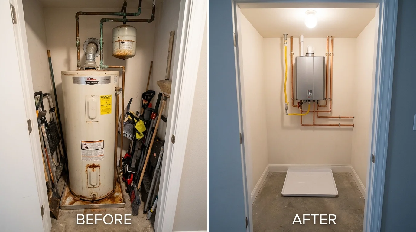 Tank water heater versus wall-mounted tankless unit comparison for Windsor Heights, IA homeowners