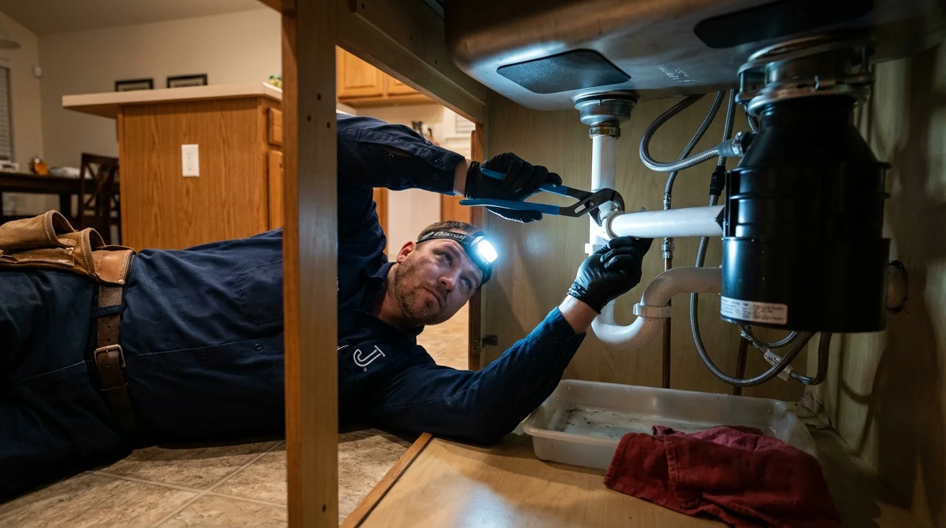 P-trap and supply line connections under a kitchen sink showing a common leak point in Windsor Heights, IA